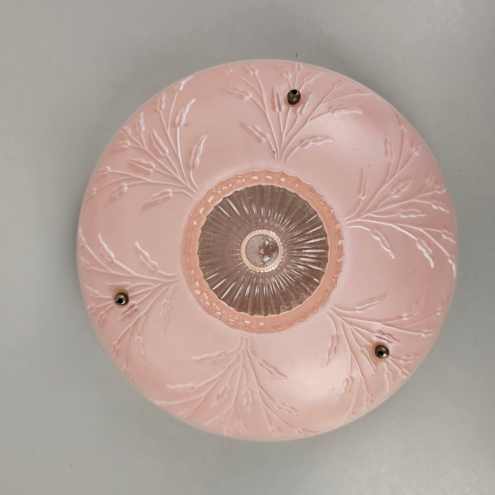 Vintage Pink Frosted Glass Ceiling Light Shade Embossed Wheat 3 Hole Scalloped